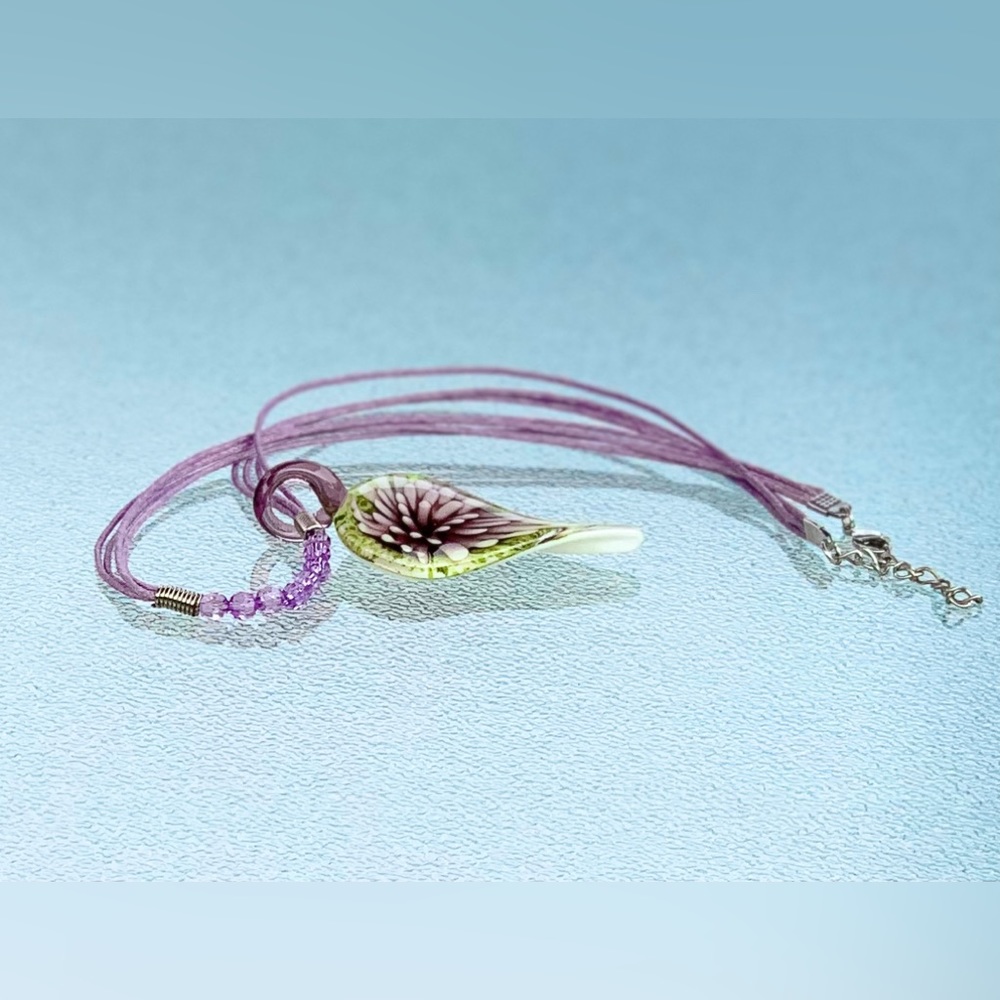 Lavender and Green Floral Hand-Blown Studio Art Glass Implosion Necklace - Picture 2 of 5